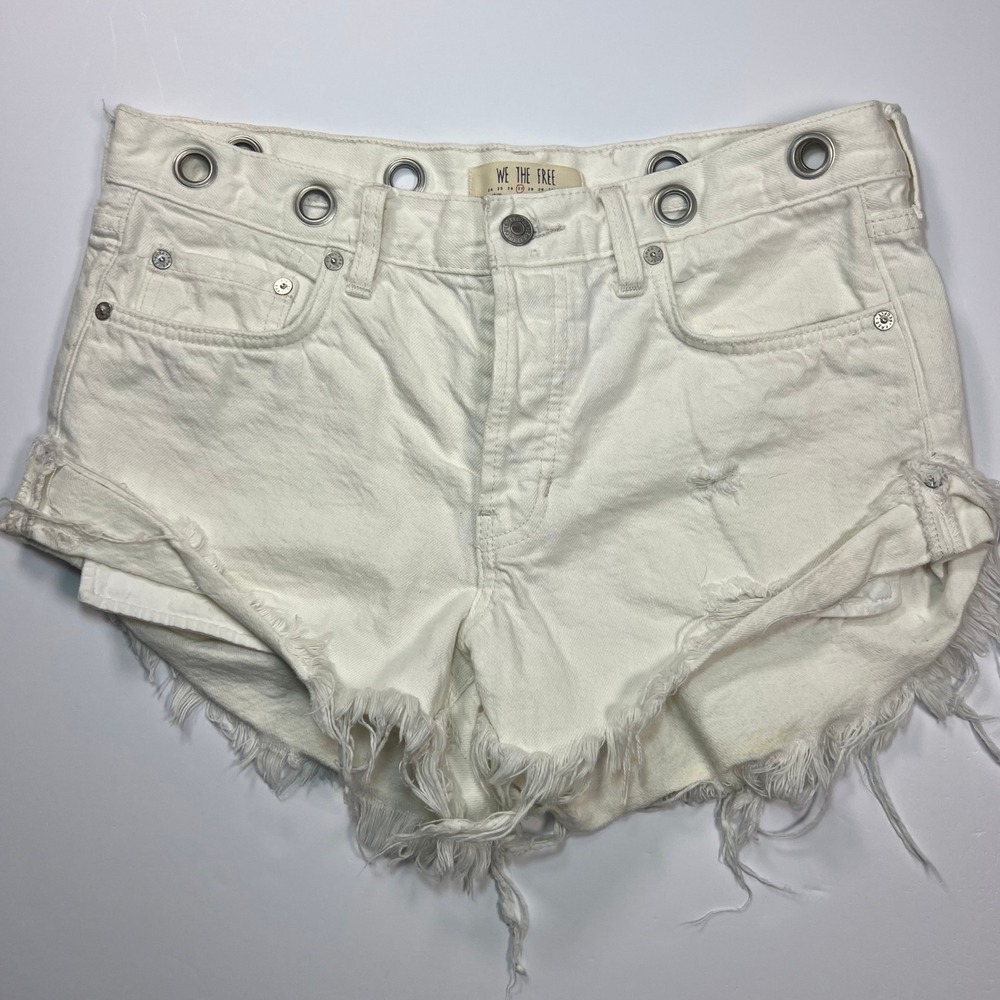 We The Free Denim Shorts Womens 27 Off-White Distressed Grommet Cutoff Boho Edgy